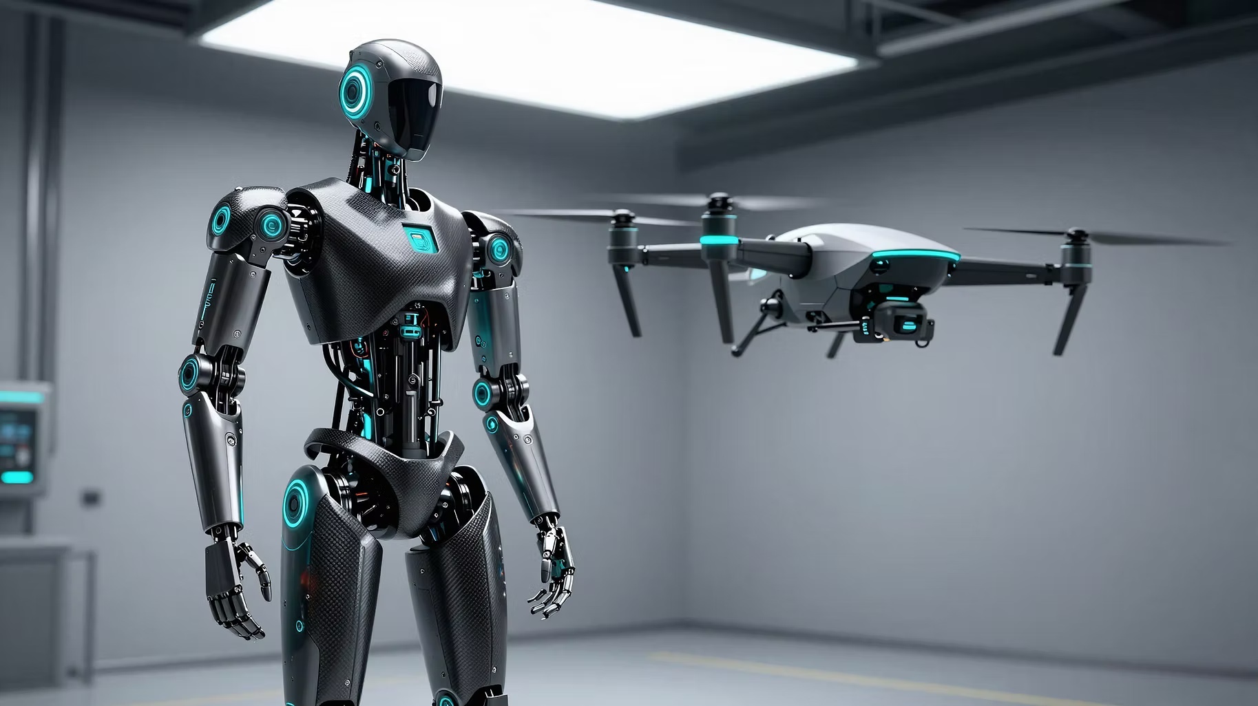 Humanoid robot and autonomous aerial platform in an industrial environment